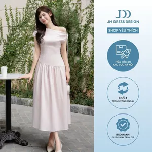 Đầm Xuân Hè Trễ Vai Lệch Xếp Ly Nhún, Chân Nhún Đổ 1S09.2601. Đầm Dáng Dài Nữ Tính Thanh Lịch Dự Tiệc Tiểu Thư Bởi JM