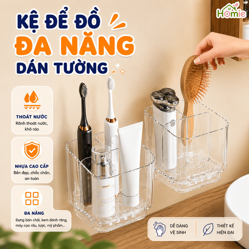 Kệ Để Bàn Chải Đánh Răng Gắn Tường HOMIE, Giá Treo Nhà Tắm Có Khay Thoát Nước Ngăn Chia Tháo Rời