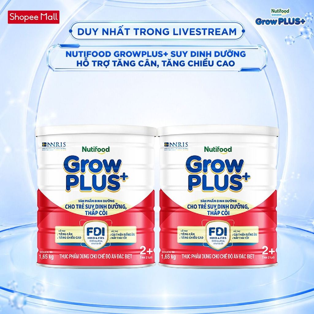 [Livestream KOL] Combo 2 Sữa bột Nutifood GrowPLUS+ Suy Dinh Dưỡng (Đỏ) 2+ Tăng Cân, Tăng Chiều Cao (2 Lon 1,65 Kg)