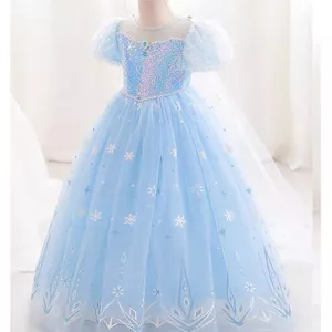 ✿ Bé Gái Màu Xanh Bông Tuyết Đầm Công Chúa Puff Tay Sequin Bodice Dài Tulle Cho Bé Trang Phục Dự Tiệc