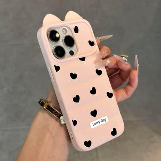 Ốp lưng nhựa mềm áo lông vũ tai mèo trái tim đen in nhãn chữ, chống va đập bền lâu iPhone 12/13/14/15/16 Pro Max