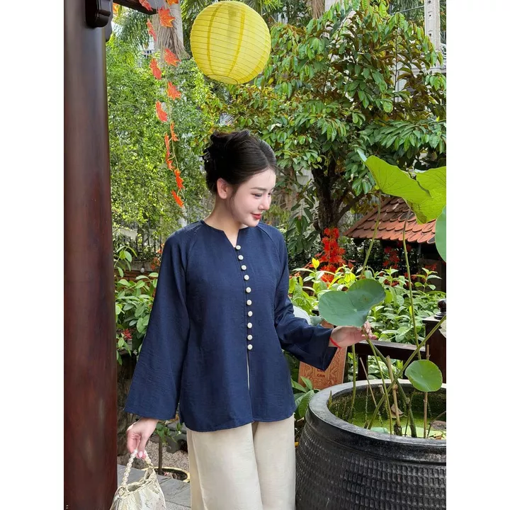 Bộ Áo Bà Ba Vải Đũi Xước Phom Truyền Thống – Pháp Phục Đi Chùa Bà Ba Phối Màu B117