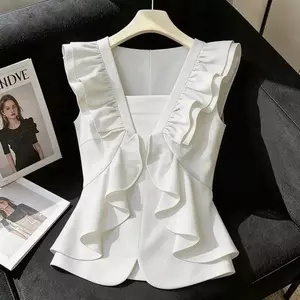 Áo Vest nữ tay bay nhỏ cổ chữ V dáng rộng thiết kế kiểu Pháp thời trang eo đẹp bên ngoài
