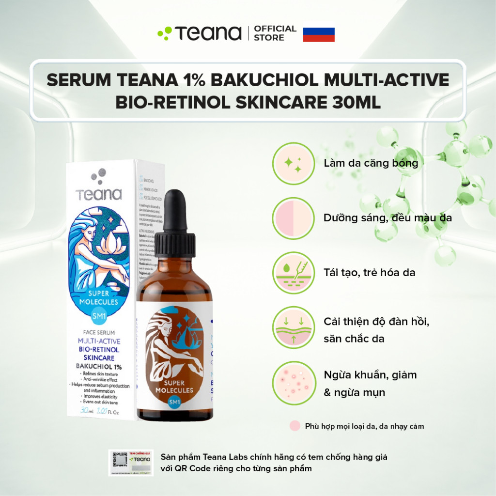 Serum Teana 1% Bakuchiol SM1 Super Molecules Multi-Active Bio-Retinol dưỡng ẩm, làm sáng và trẻ hóa da 30ml