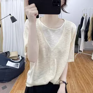 Mùa hè Plus size Ice Silk Cổ chữ V giả hai mảnh dệt kim ngắn tay kích thước lớn che phủ chất béo Giảm tuổi thon gọn hơn Áo thun phù hợp thoáng khí dành cho nữ