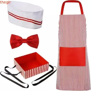 THEGIRL8B Bồi bàn Cosplay, Carnivals Circus Trang phục đầu bếp sọc đỏ và trắng, Tạp dề đồ dùng lễ hội có mũ Roleplay Chủ đề Đảng Đồng phục nhà bếp Halloween