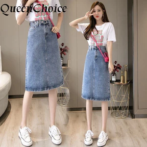 Váy Denim màu xanh thông thường dành cho nữ Thời trang nữ Phong cách Hàn Quốc Váy Midi bút chì cạp cao