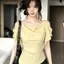 Mùa hè phong cách Hàn Quốc Pure Desire Hot Girl Cổ xoay tay ngắn Top Xù lệch vai xếp li không đều