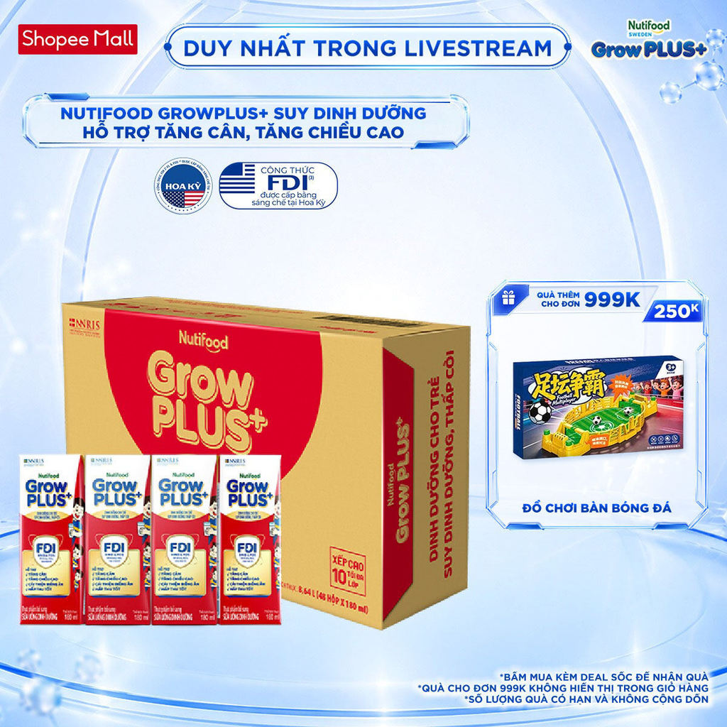 Thùng SBPS Nutifood GrowPLUS+ Đỏ (Suy Dinh Dưỡng) - Tăng Cân, Tăng Chiều Cao (48 Hộp x 180ml) (Bao bì tùy lô hàng)
