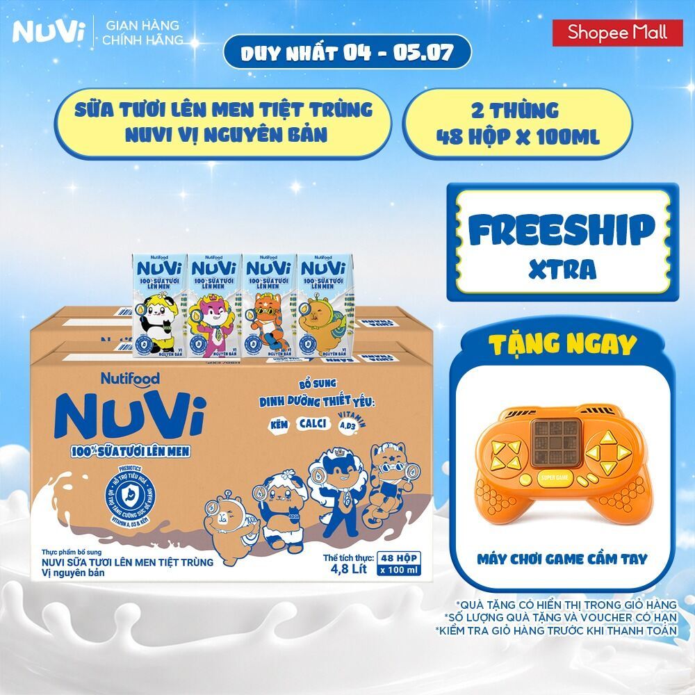 [KHÔNG CÓ THẺ] Combo 2 Thùng 48 Hộp Sữa Tươi Lên Men Tiệt Trùng Nuvi vị Nguyên Bản 100ml