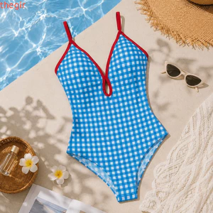 THEGIRL8B Body Đồ Bơi, Mở Lưng Đồ Bơi Ca Rô Ngọt Ngào, Vintage Feel Slim Fit Áo liền quần Cổ Chữ V Bikini Bộ Kỳ Nghỉ