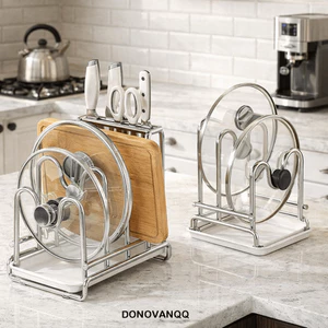 Giá đỡ nắp nồi DONOVANQQ, Giá đỡ thớt chống gỉ nhiều lớp, Thép không gỉ đa chức năng có khay thoát nước Tủ sắp xếp Thớt ổn định