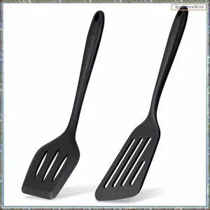 2 Chiếc Thìa Xoay Cá Có Rãnh Silicon, Thìa Cho Nồi Chống Dính Nướng Bánh, Nấu Ăn, Chịu Nhiệt, Đen