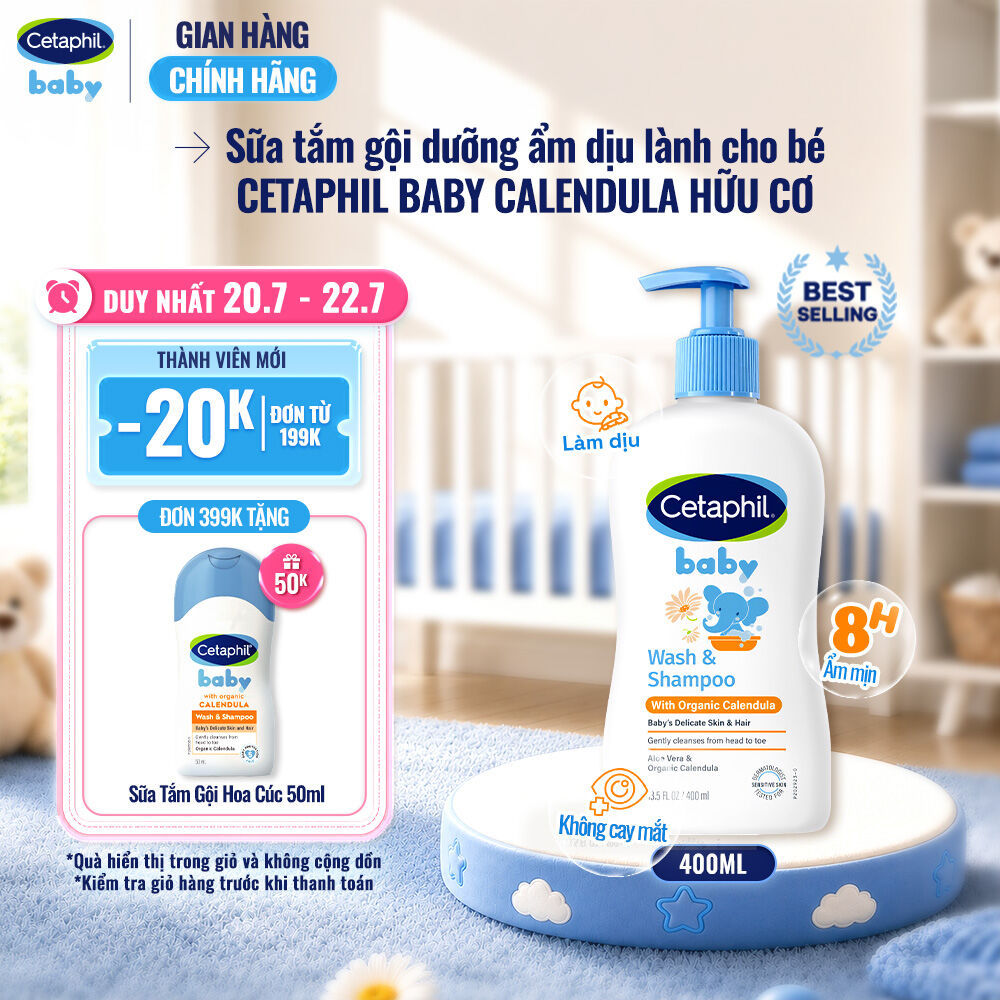 Sữa tắm gội dưỡng ẩm dịu lành cho bé với Calendula hoa cúc hữu cơ CETAPHIL BABY W&SHAMPOO CALENDULA 400ML