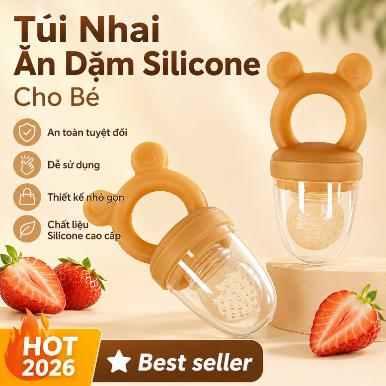 Túi Nhai Ăn Dặm Silicon Cho Bé Núm Nhai Trái Cây Dễ Cầm Dễ Vệ Sinh Tiết Kiệm