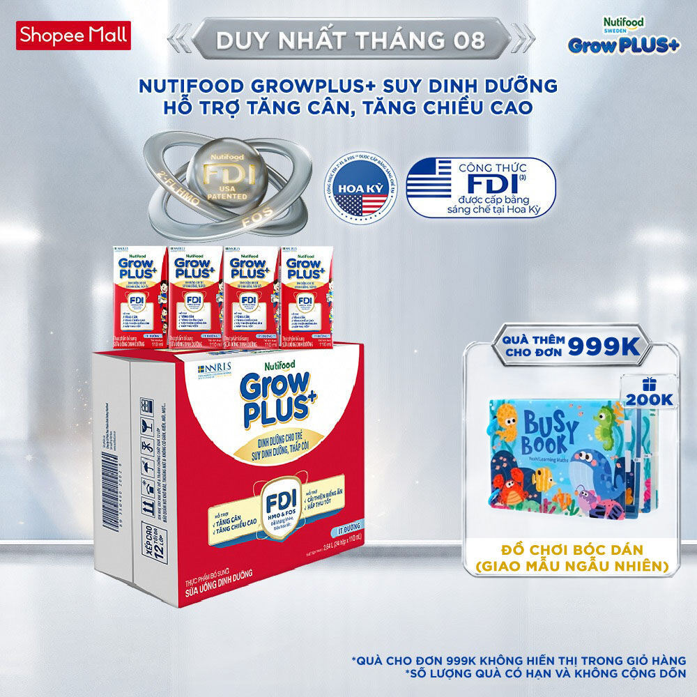 Thùng 24 hộp SBPS Nutifood GrowPLUS+ Suy Dinh Dưỡng (Đỏ) Ít đường 110ml - Tăng Cân, Tăng Chiều Cao (Bao bì tùy lô hàng)