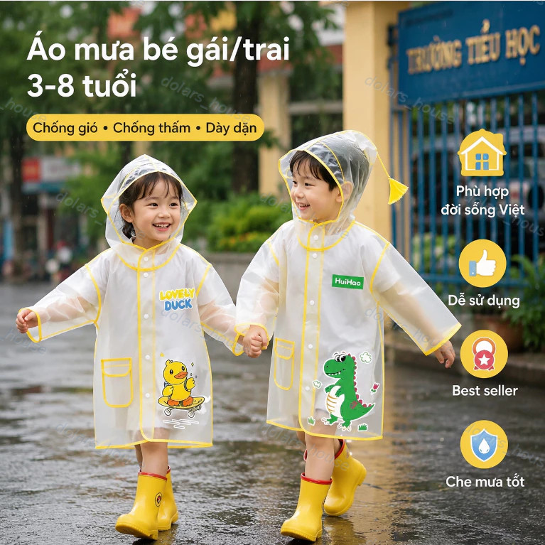 Áo Mưa Trẻ Em EVA Phản Quang An Toàn Ban Đêm Dây Chống Gió Mũ Vành Rộng Cho Bé 3-8 Tuổi