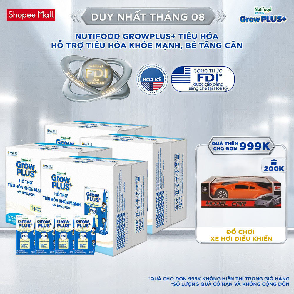 Combo 4 Thùng 24 hộp Sữa bột pha sẵn Nutifood Sweden GrowPLUS+ Tiêu Hóa (Xanh Nhạt) 1+ – Tiêu hóa khỏe, tăng cân 110ml