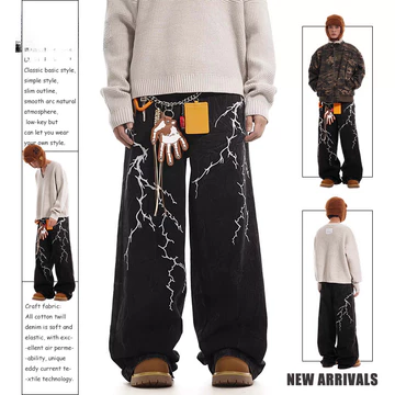 Quần nam Hip-Hop Quần nam dáng rộng màu đen Y2K Quần jean cổ điển Mỹ Quần ống rộng Lightning Quần jean thêu dáng rộng Quần jean thẳng thường ngày dạo phố Quần dài Quần chạy sàn Gar