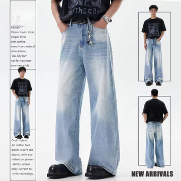 Ice Blue Wide-Leg Jeans Nam Beepop Quần Rời Quần Nam Beepop Jeans Quần Denim Quần Giặt Quần Jean Mỹ Thẩm Mỹ Quần Sạch Rời Trou