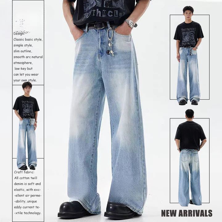 Ice Blue Wide-Leg Jeans Nam Beepop Quần Rời Quần Nam Beepop Jeans Quần Denim Quần Giặt Quần Jean Mỹ Thẩm Mỹ Quần Sạch Rời Trou