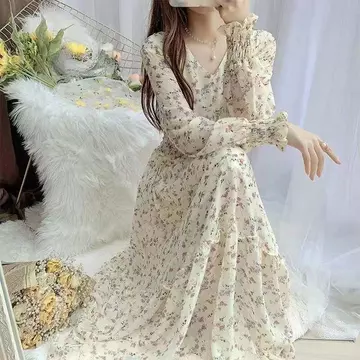 Phiên Bản Hàn Quốc Xuân Thu Quần Áo Dài Tay Hẹp Eo Hiển Thị Cao Cấp Phiên Bản Hàn Quốc Váy Cổ Chữ V Váy Voan Hoa Phong Cách Dài 2696LYQ