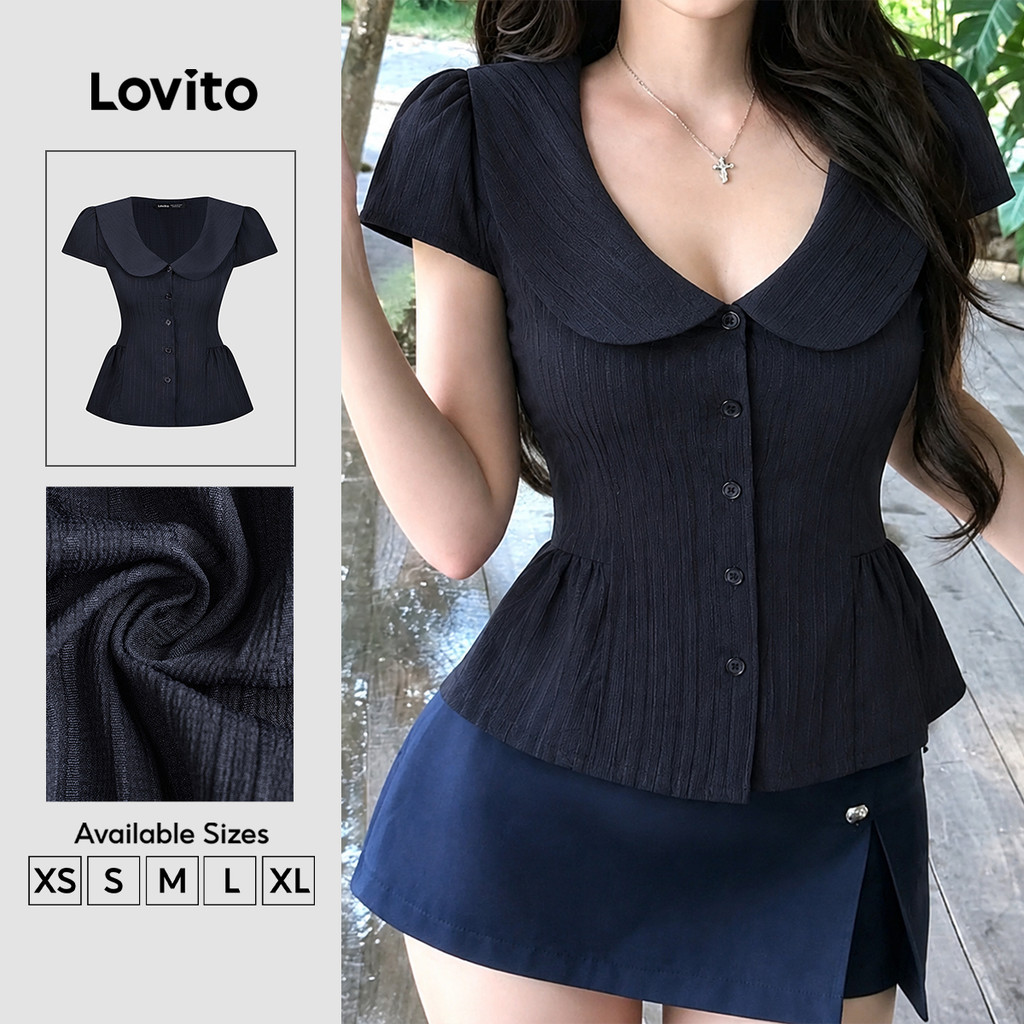 (New Arrival) Lovito Áo phong cách thường ngày mùa xuân/hè màu xanh navy cho nữ BLB200TD070