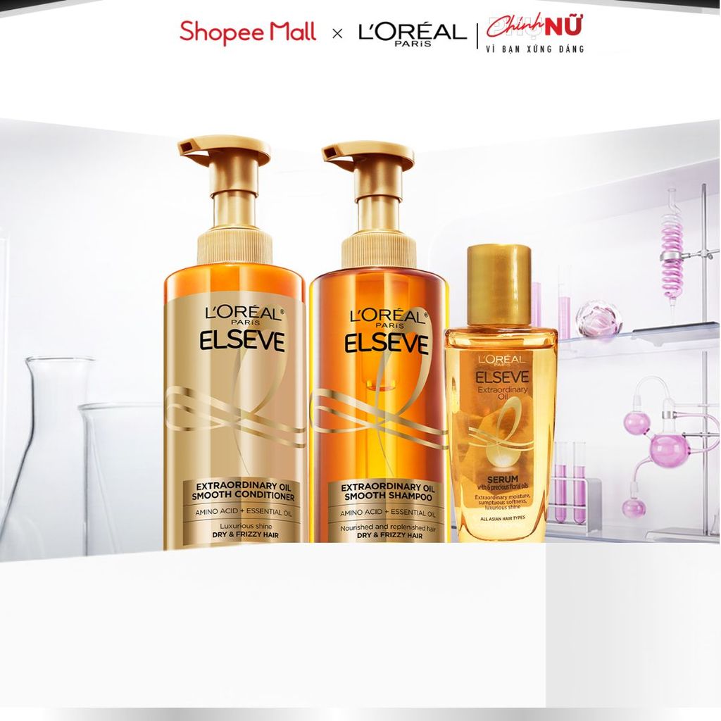Bộ gội xả dưỡng tóc suôn mượt tóc cao cấp L'Oreal Paris Sleek 440ml x2 & Dầu dưỡng chiết xuất tinh dầu 30ml