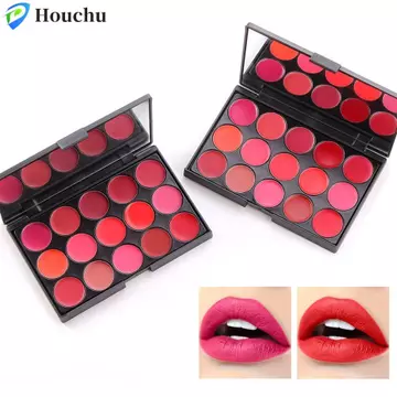 Bảng Son Môi Mờ HOUCHU Có Gương, Bảng Bóng Môi 15 Màu Dưỡng Ẩm Chống Thấm Nước, Son Bóng Nhung Màu Đỏ Lâu Dài Khỏa Thân Son Men Môi Dụng Cụ Trang Điểm