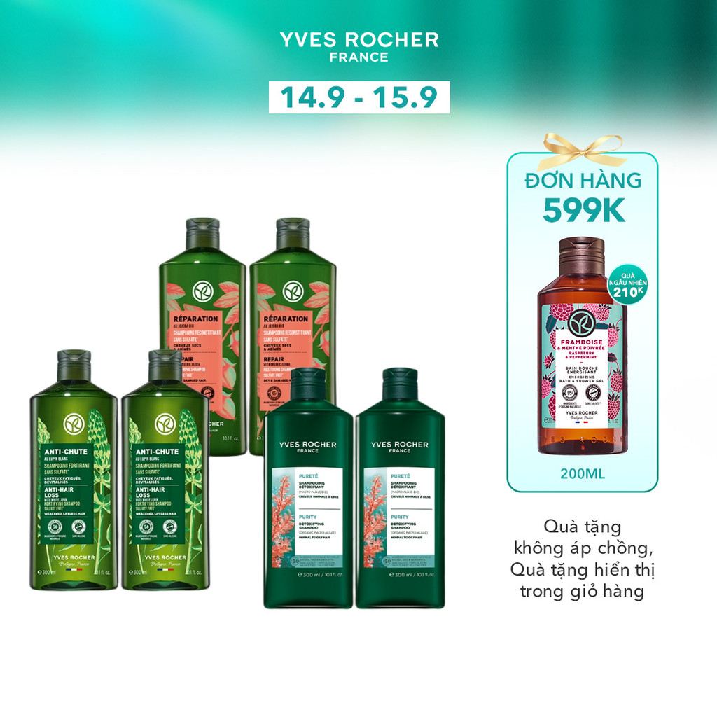 Combo 2 dầu gội thiên nhiên không Sulfate không Silicone Yves Rocher 300mlx2 (nhiều phân loại)