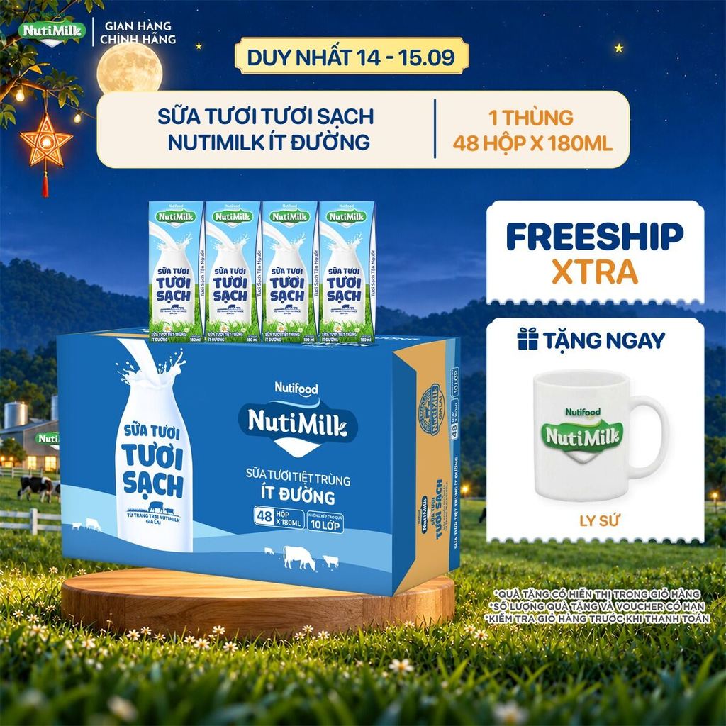 Thùng 48 Hộp Sữa Tươi Tươi Sạch NutiMilk Ít Đường 180ml