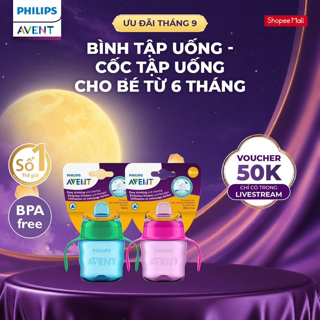 Bình Tập Uống - Cốc Tập Uống Cho Bé Từ 6 Tháng 200ml Philips Avent Có Vòi Hút Silicon Mềm An Toàn
