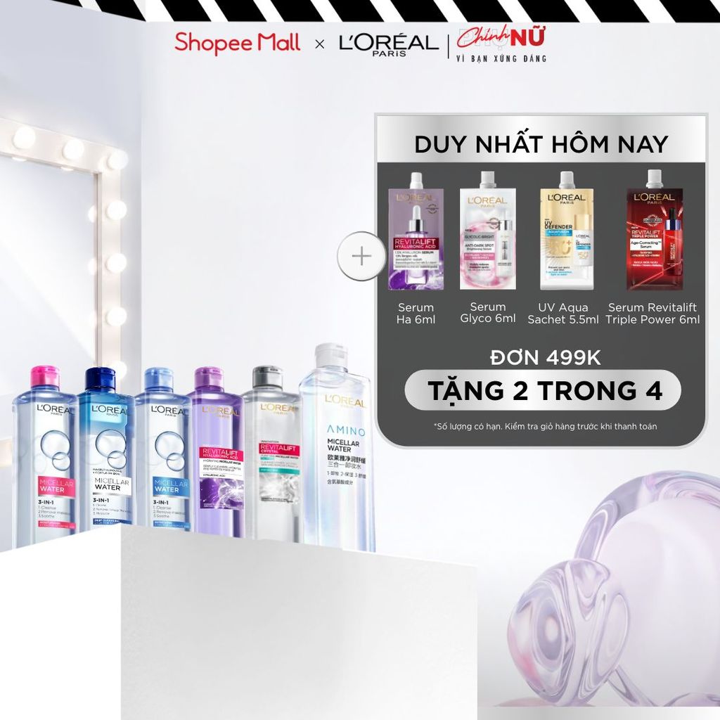 [AMINO MICELLAR MỚI] Nước tẩy trang làm sạch sâu, loại bỏ bụi bẩn & trang điểm 3-in-1 L'Oreal Paris Micellar Water 400ml