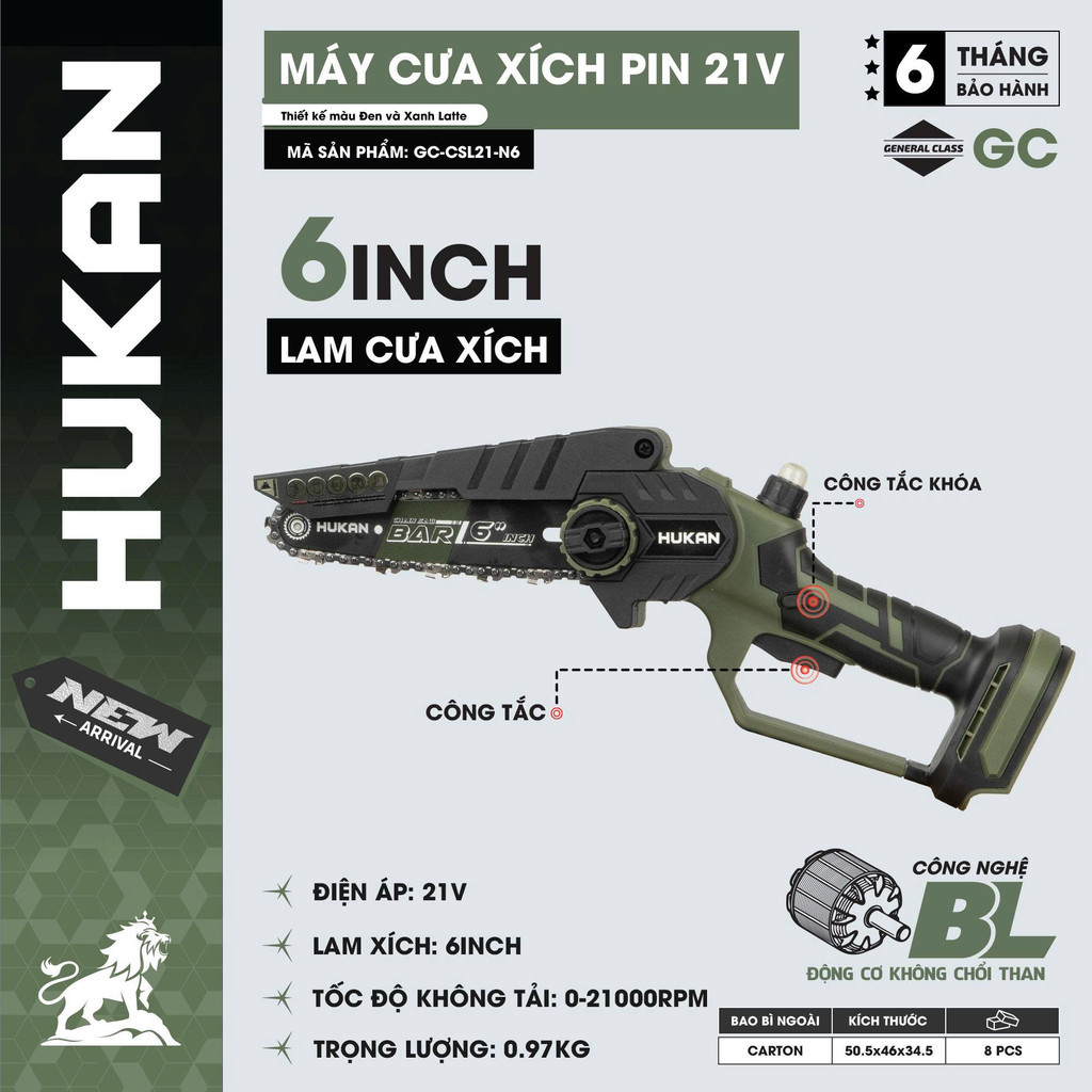 Máy cưa xích pin mini Hukan N6 lam 6 inch nặng dưới 1kg