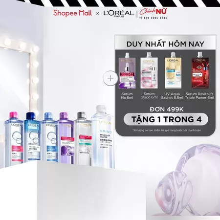 [AMINO MICELLAR MỚI] Nước tẩy trang làm sạch sâu, loại bỏ bụi bẩn & trang điểm 3-in-1 L'Oreal Paris Micellar Water 400ml
