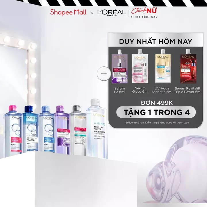 [AMINO MICELLAR MỚI] Nước tẩy trang làm sạch sâu, loại bỏ bụi bẩn & trang điểm 3-in-1 L'Oreal Paris Micellar Water 400ml