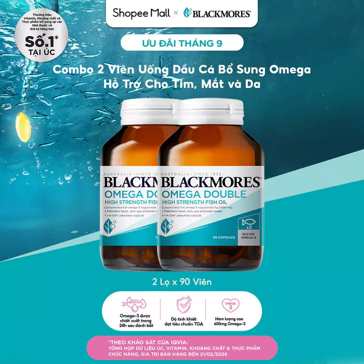 Combo 2 Lọ Viên Uống Dầu Cá Bổ Sung Omega Blackmores Double Omega High Strength 90 Viên/Lọ