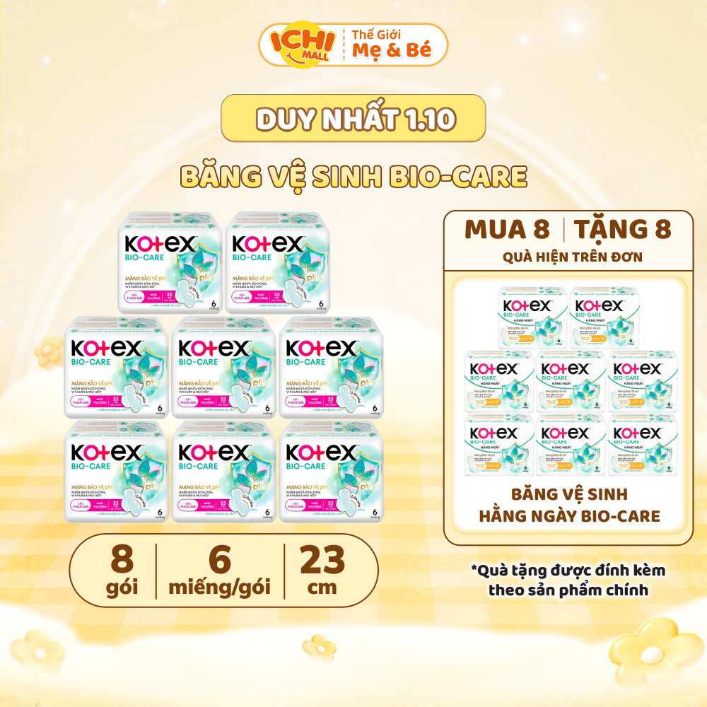 [MUA 8 TẶNG 8] Băng vệ sinh Kotex Biocare Ban Ngày siêu mỏng có cánh 23cm 6 miếng_Ichimall