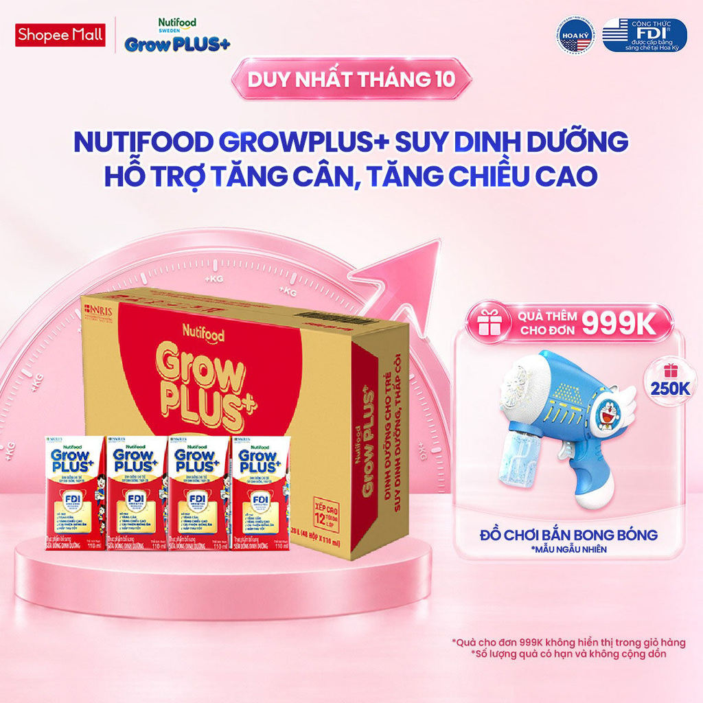Thùng SBPS Nutifood GrowPLUS+ Suy Dinh Dưỡng - Trên 1 Tuổi - Tăng Cân, Tăng Chiều Cao (48 x 110ml) (Bao bì tùy lô hàng)