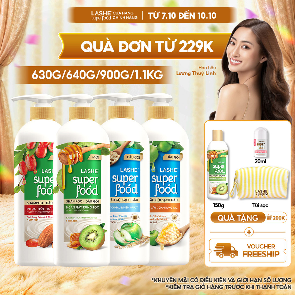 Dầu Gội LASHE SUPERFOOD Ngăn Gãy Rụng Tóc/Phục Hồi Hư Tổn /Sạch Gàu Giảm Rụng /Sạch Gàu Mềm Mượt 300G/ 640G/ 630G/ 1.1KG