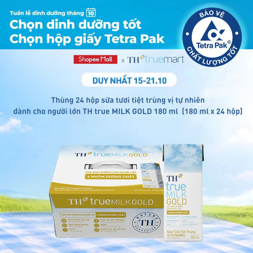 Thùng 24 hộp sữa tươi tiệt trùng vị tự nhiên TH true MILK GOLD dành cho người lớn tuổi 180ml