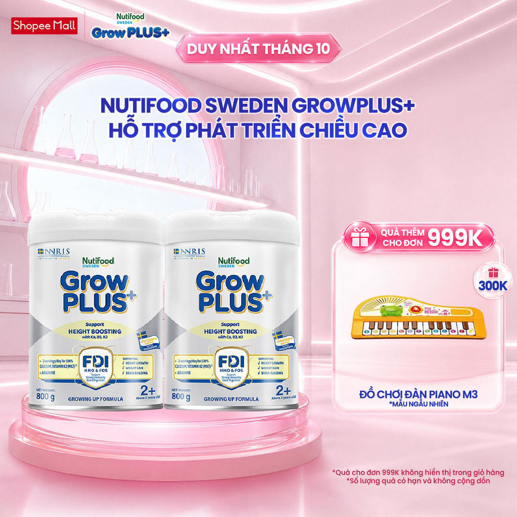 Combo 2 Sữa Bột Nutifood Sweden GrowPLUS+ Cao lớn vượt trội trên 2 tuổi (Bạc) 800g