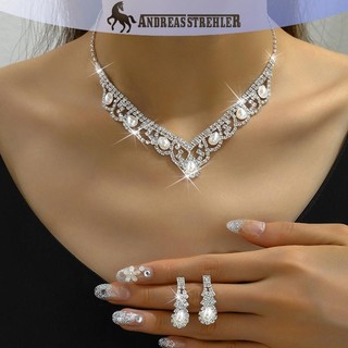 Onetimingfine 2 Chiếc Thời Trang Kim Cương Giả Dây Chuyền Bông Tai Bộ Trang Sức Nữ Cưới Phụ Kiện Quà Tặng VN