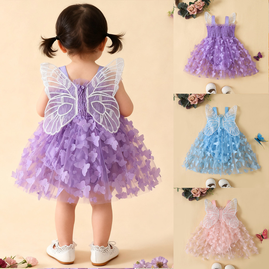 Đầm Xòe Chữ A Không Tay Vải Tuyn Đính Cánh Bướm Xếp Ly Màu Xanh Dương / Tím / Hồng Cho Bé Gái 0-24 Tháng Tuổi