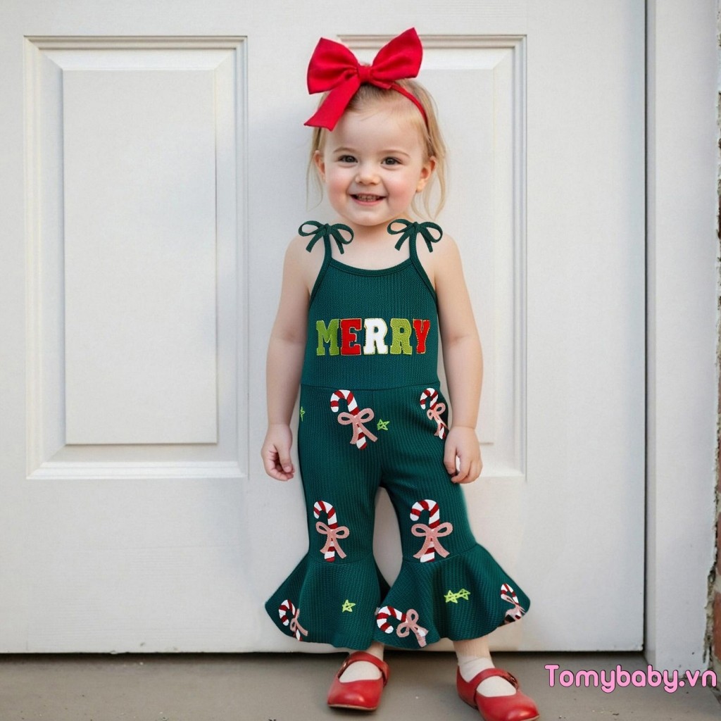 Bộ áo liền quần Giáng sinh cho bé gái Dây buộc không tay Dây đeo Candy Cane In áo liền quần
