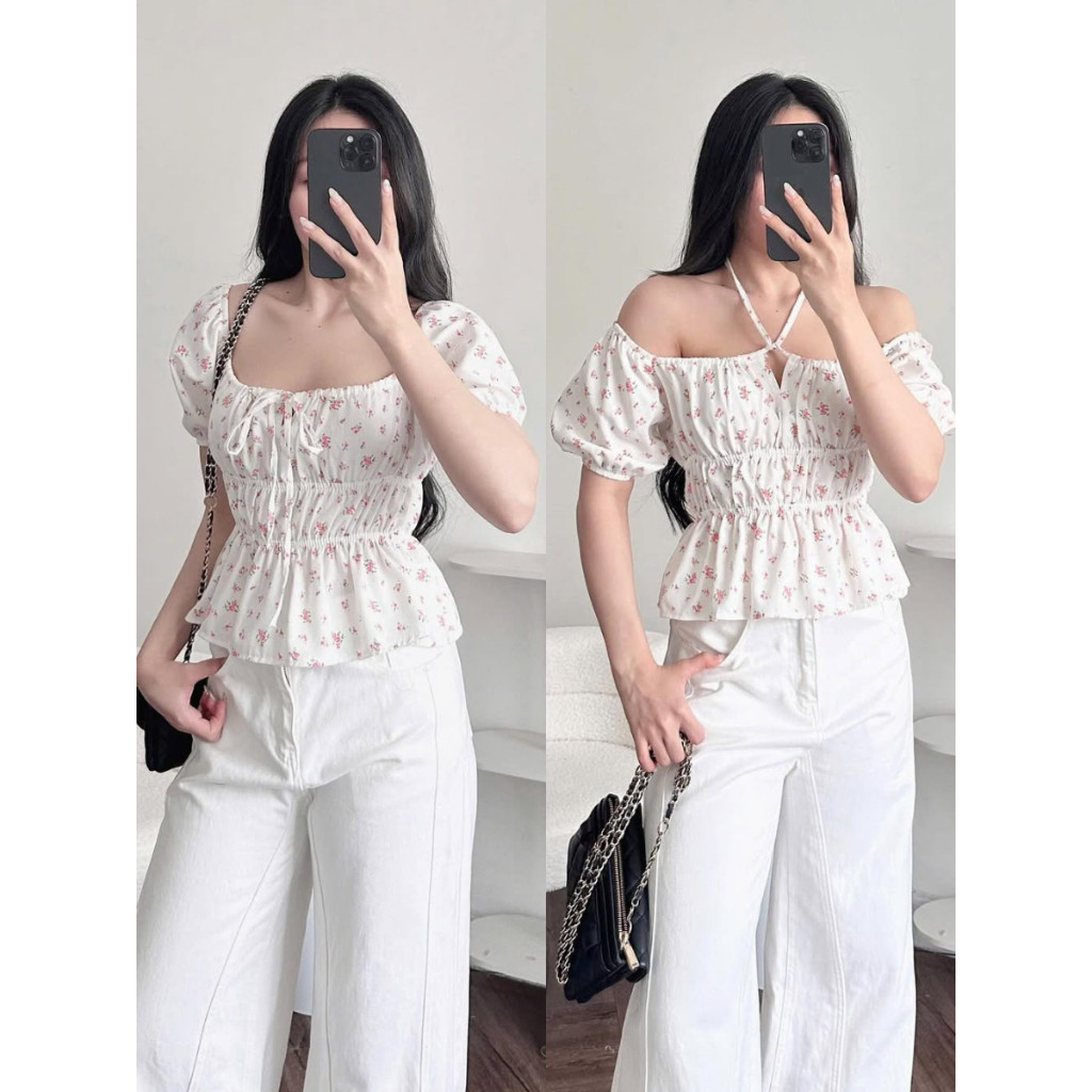 Áo Kiểu Babydoll Tay Ngắn Bo Chun Cột Nơ Chất Linen Mát, Áo Tay Phồng Họa Tiết Hoa Nhí_A490