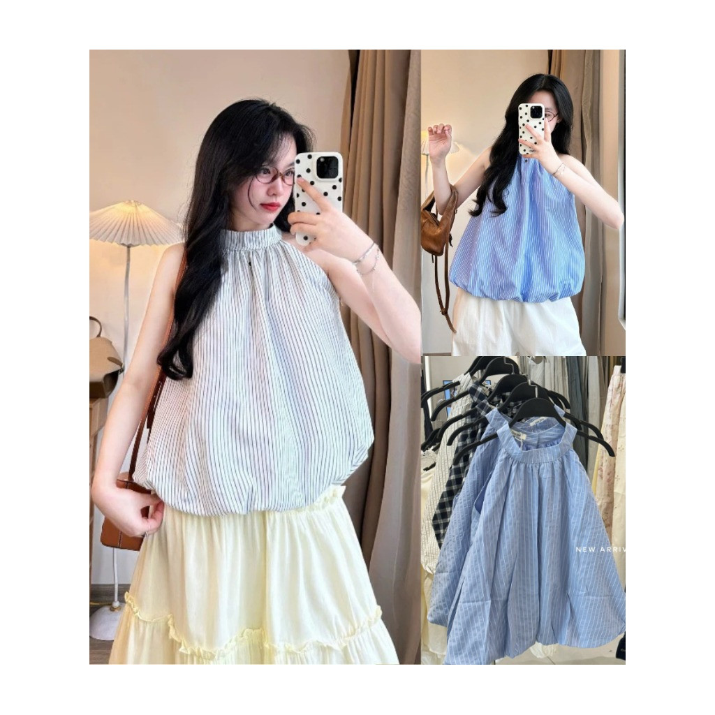 Áo Cổ Yếm Nữ Dáng Bí Trứng Phồng Freesize- Áo Babydoll Họa Tiết Kẻ Sọc Thiết Kế Độc Lạ_A593
