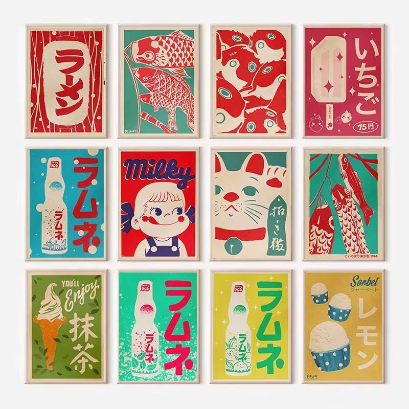 Dễ Thương Nhật Bản Thực Phẩm Pop Art Latte Lucky Cat Matcha Retro Poster Canvas Tranh Cửa Hàng Nhà Bếp Trang Trí Nhà Quà Tặng Không Khung