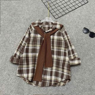 Áo Sơ Mi Kèm Khăn Quàng Bigsize Nữ Somi Kẻ Sọc Tay Dài Phong Cách Retro Cá Tính SM182+A195