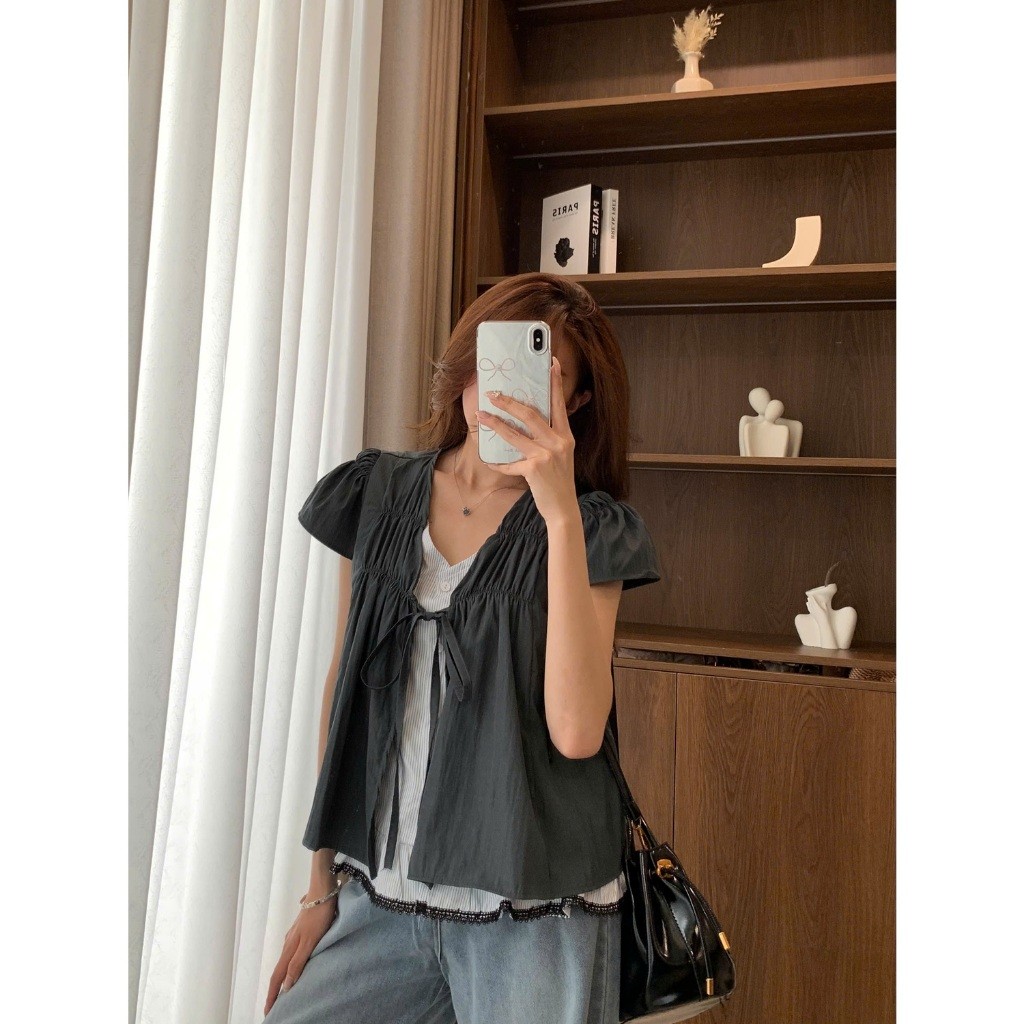 Áo Babydoll Cổ V Phối Kẻ Mix Viền Ren  MA4066